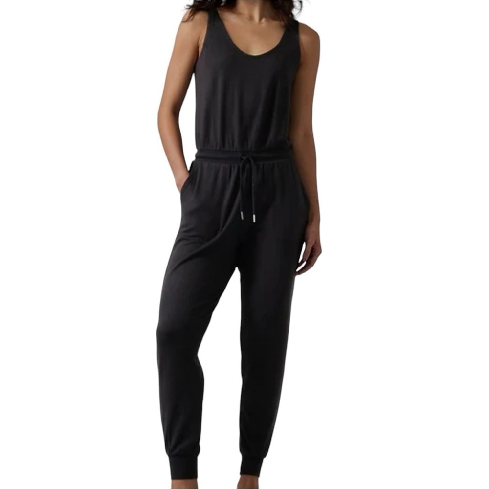 Athleta Black Sleeveless Drawstring Jumpsuit with Cuffed Ankles